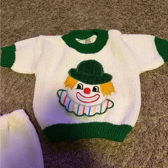 Vintage Knit Clown Infant Green & White 2 Piece Outfit - Picture 2 of 7